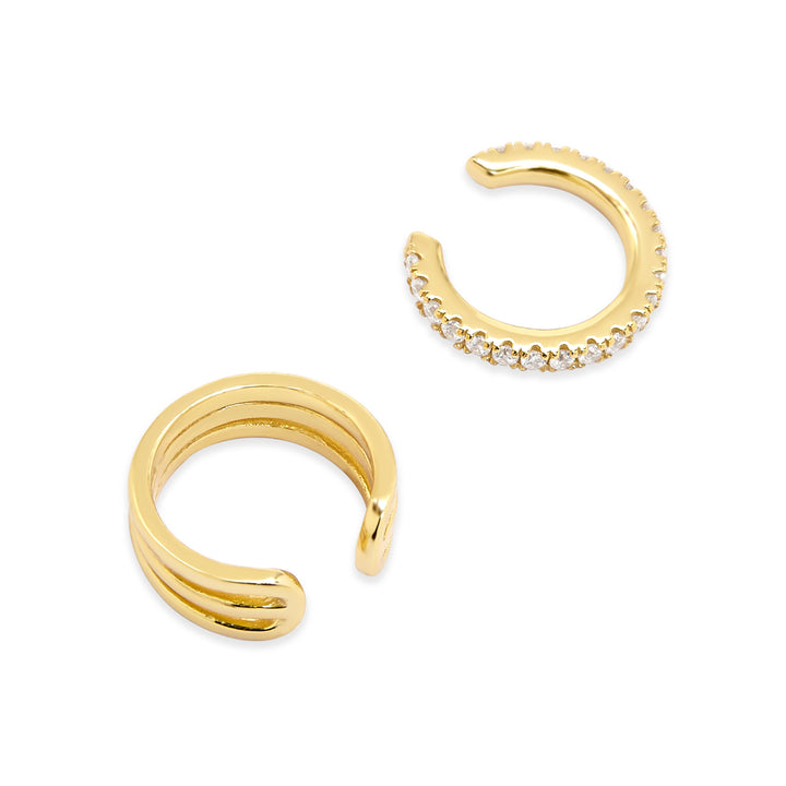 Gold Plated CZ and Triple Cuff Earring Set