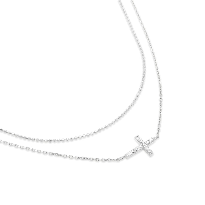 Sterling Silver CZ Sideways Cross Layered Necklace Set