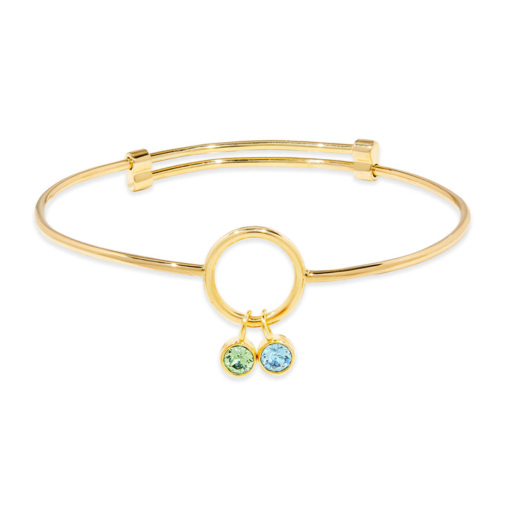 Two Stone Gold Birthstone Charm Bangle Bracelet