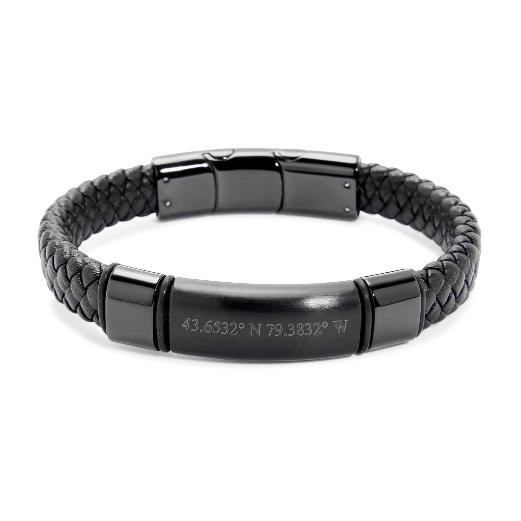 Custom Coordinate Men's Genuine Leather Matte Black ID Bracelet