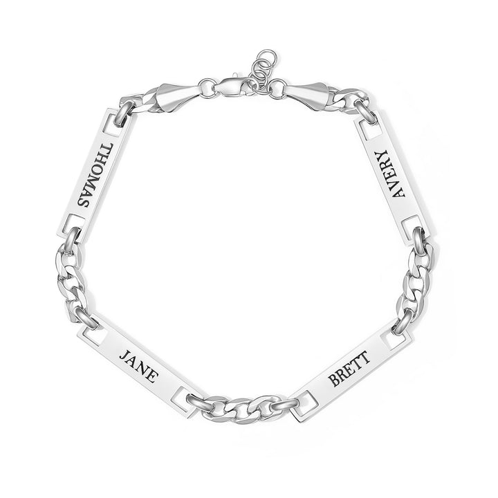 Stainless Steel Figaro Chain Engravable Four Name Bar Bracelet