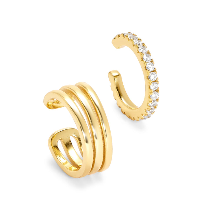 Gold Plated CZ and Triple Cuff Earring Set