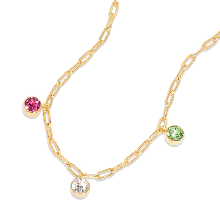 Three Gold Paperclip Chain Birthstone Charm Necklace