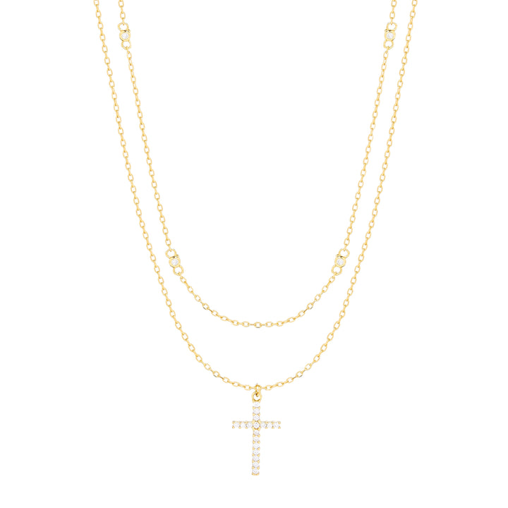 Gold Plated CZ and Cross Layered Necklace Set