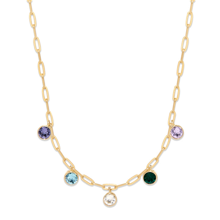 Five Gold Paperclip Chain Birthstone Charm Necklace