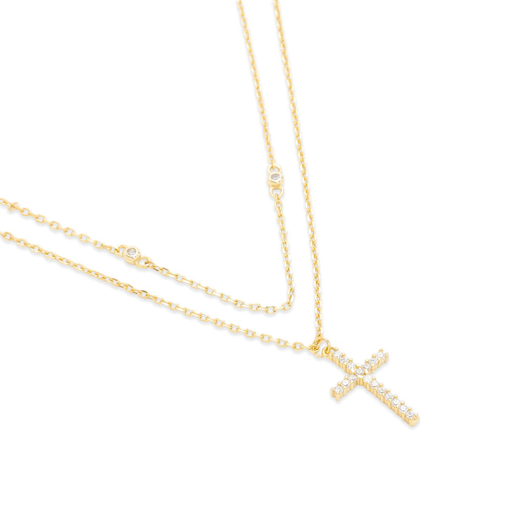 Gold Plated CZ and Cross Layered Necklace Set