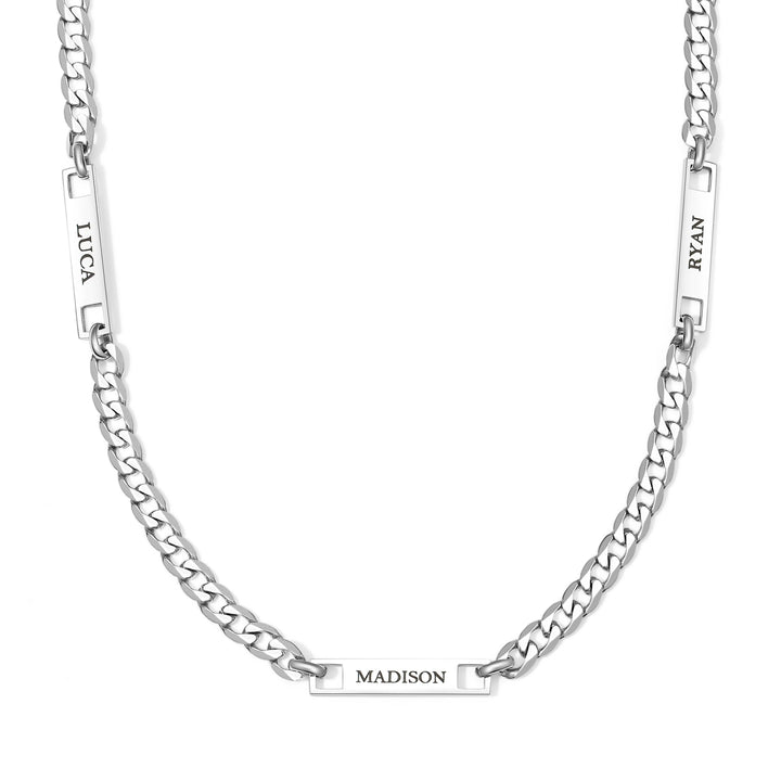 Stainless Steel Figaro Chain Engravable Three Name Bar Necklace