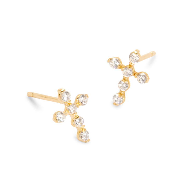 14K Gold Cross CZ Stud Earrings