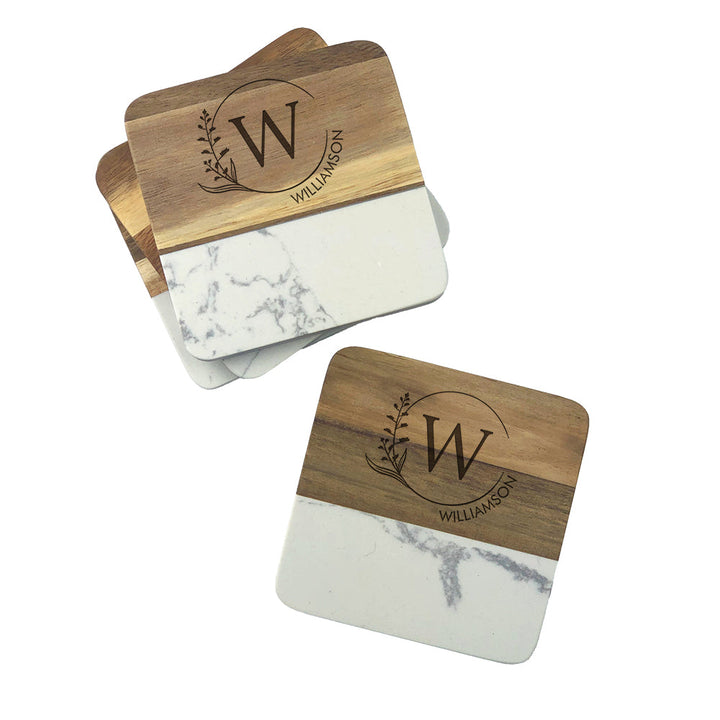 Home Sweet Home Wreath with Initial Marble &amp; Acacia Coaster Set