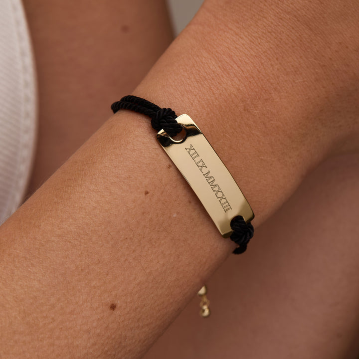 Custom Roman Numeral Bar Black Rope Bolo Bracelet