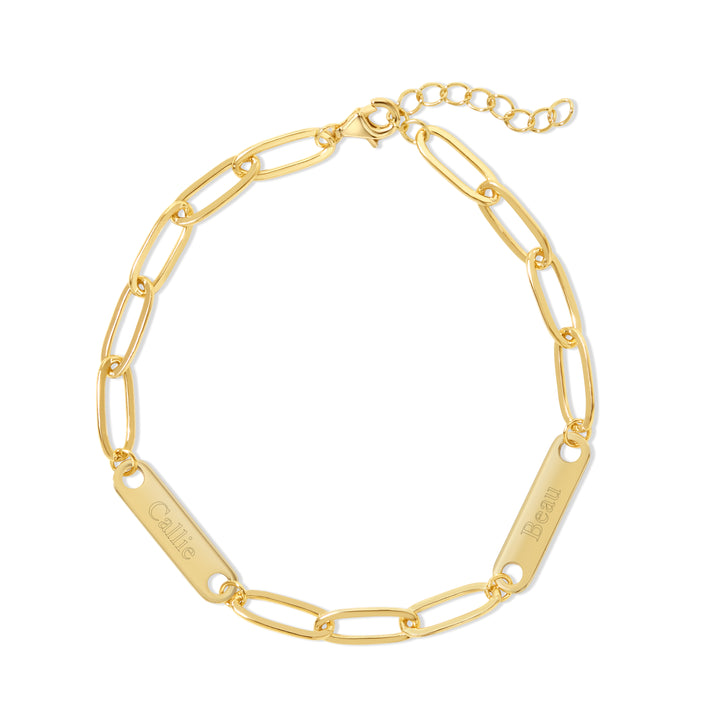 Gold Plated Paperclip Chain Engravable Two Name Bar Bracelet