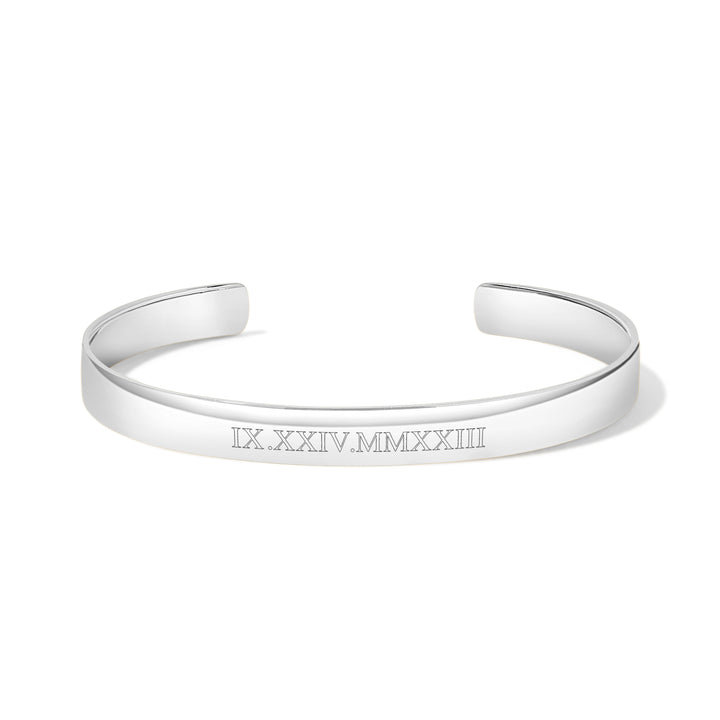 Roman Numeral Date Silver Cuff Bracelet