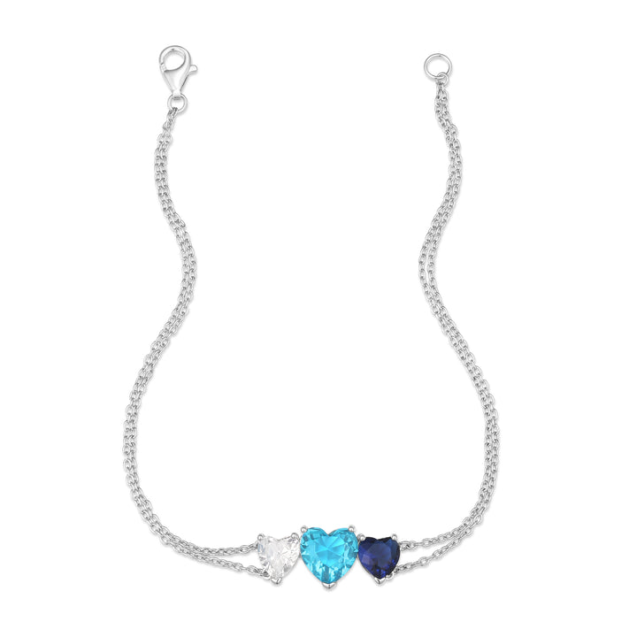 Custom 3 Stone Heart Birthstone Silver Bracelet