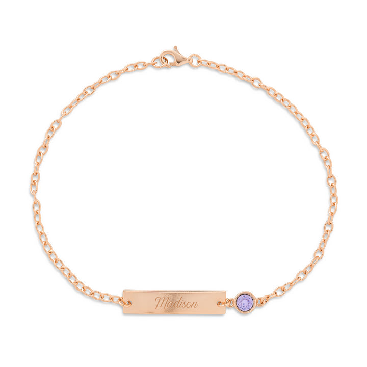 Custom Bezel Set Birthstone Rose Gold Name Bar Bracelet