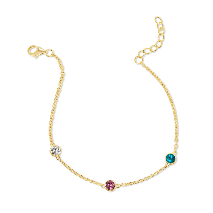 Three Stone Floating Bezel Set Gold Birthstone Bracelet