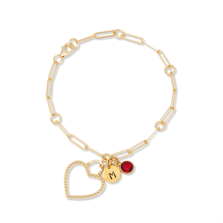 Custom Hand Stamped Initial Birthstone Heart Charm Bracelet