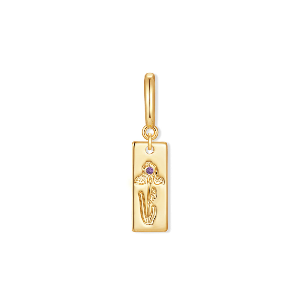 Rectangular birth flower charm with an engraved iris and a purple birthstone accent, suspended from a polished hinge bail.