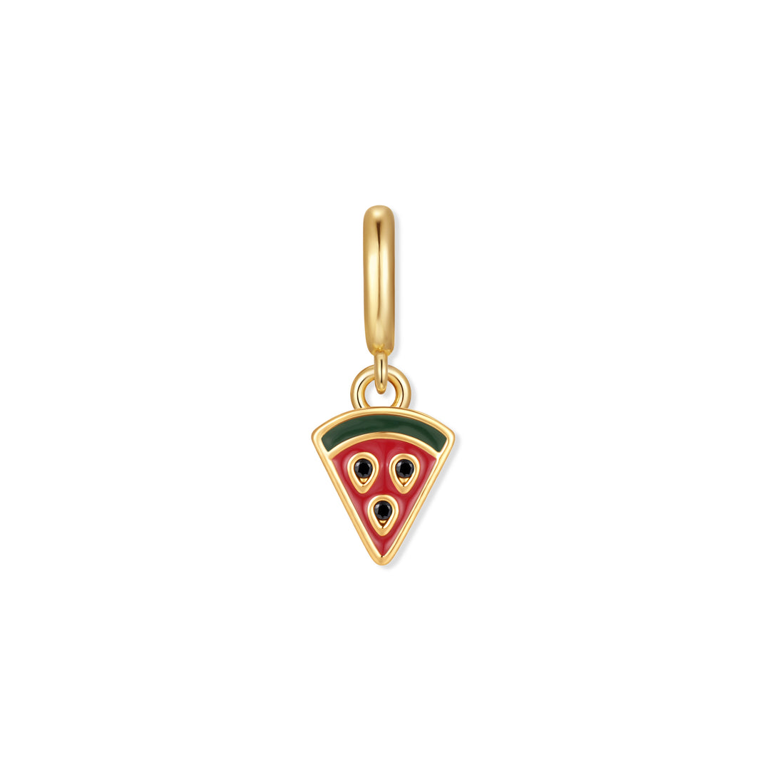 Gold-tone watermelon slice charm with red and green enamel and three black stone seeds, hanging from a gold-tone ring clasp.