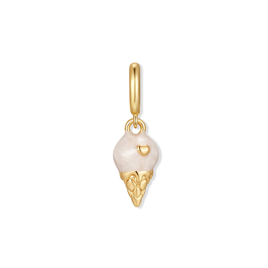 Gold-tone ice cream cone charm with a rose quartz scoop top, heart accent, and textured waffle cone, hanging from a ring clasp.