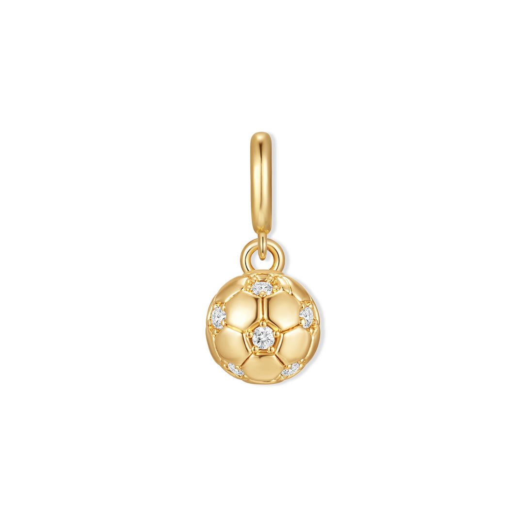 Gold-tone soccer ball charm with engraved panel detailing and sparkling round white stone accents, with a polished bail.