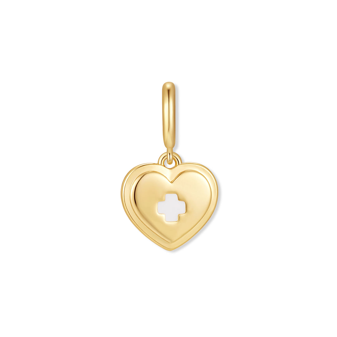 Gold-tone heart charm with a cutout cross detail at the center, hanging from a polished oval bail.
