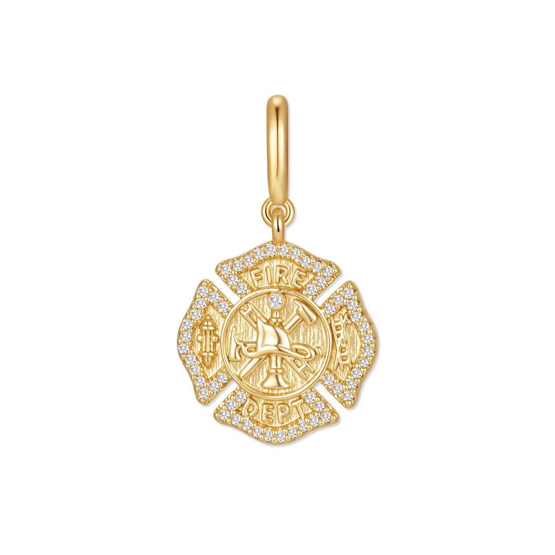 Gold-tone firefighter badge charm with a Maltese cross shape, pavé diamond edges, and an engraved fire dept. shield motif, on a ring clasp.