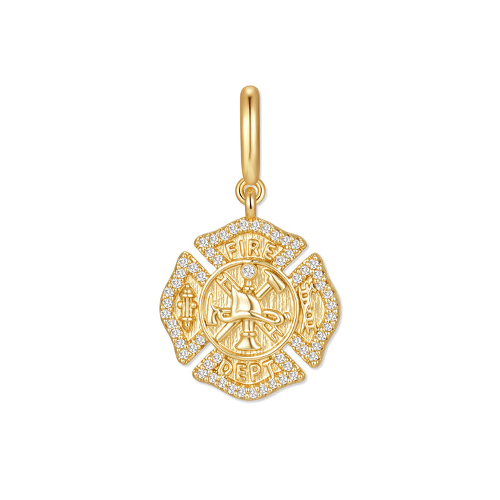 Gold-tone firefighter badge charm with a Maltese cross shape, pavé diamond edges, and an engraved fire dept. shield motif, on a ring clasp.