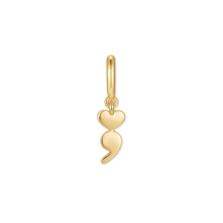 Gold-tone Mental Health Awareness charm shaped like a semicolon with a polished heart dot, hanging from a ring clasp.