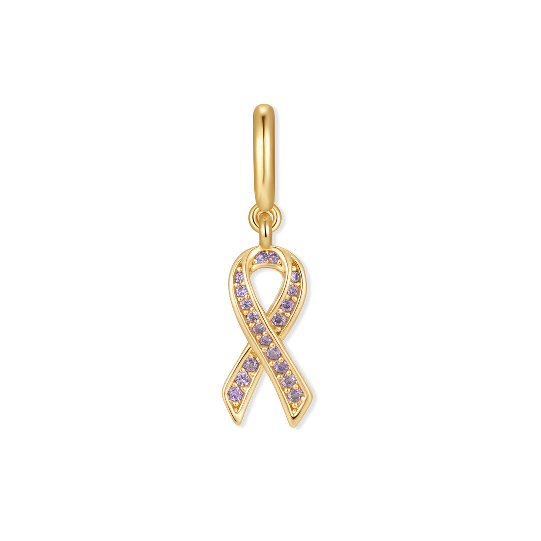 Gold-tone awareness ribbon charm paved with lavender stones, suspended from a polished oval ring clasp.