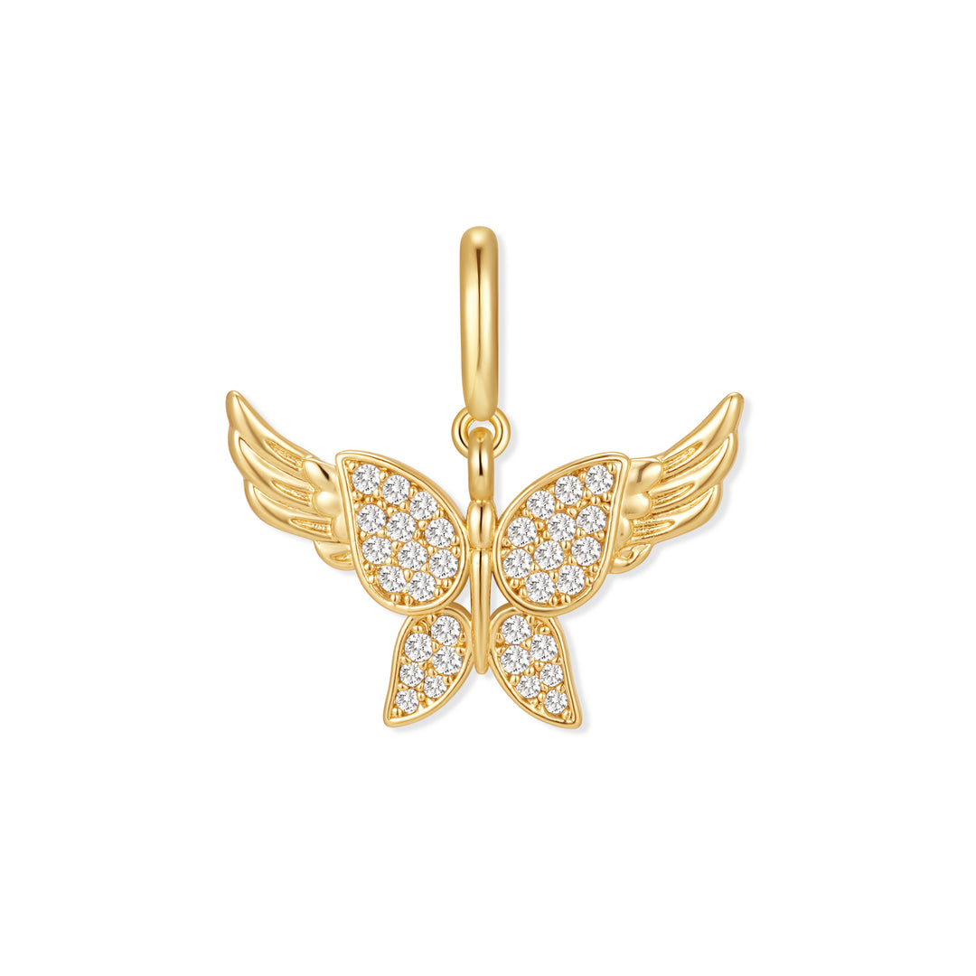 Gold-tone butterfly charm with pavé crystal wings and engraved angel wings extending from each side, hung on a small ring clasp.