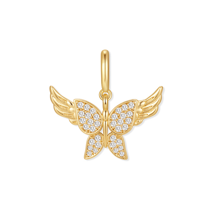 Gold-tone butterfly charm with pavé crystal wings and engraved angel wings extending from each side, hung on a small ring clasp.