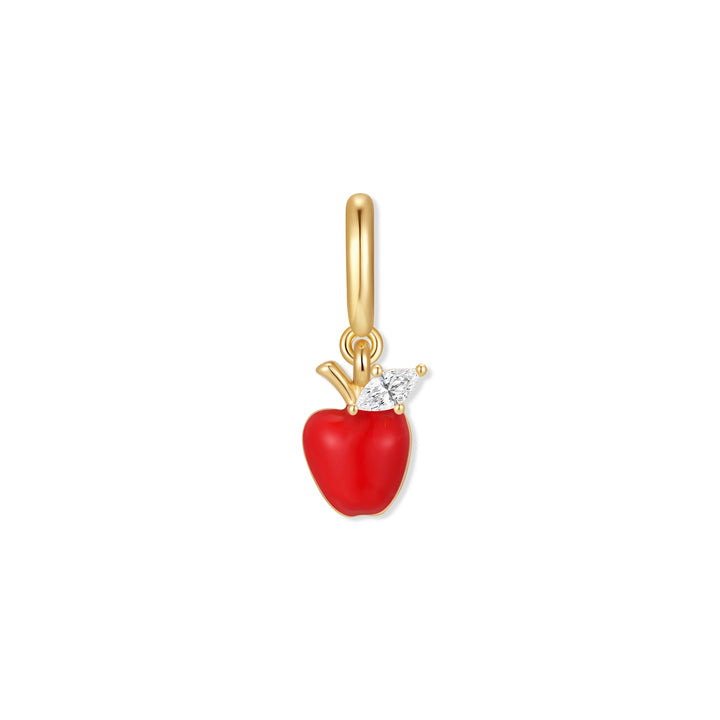 Gold-tone apple charm with red enamel body, a marquise white stone leaf, and a polished ring clasp.