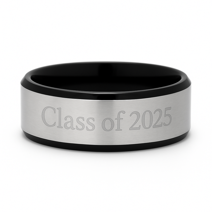 Brushed Silver Black Titanium Class Ring For Men