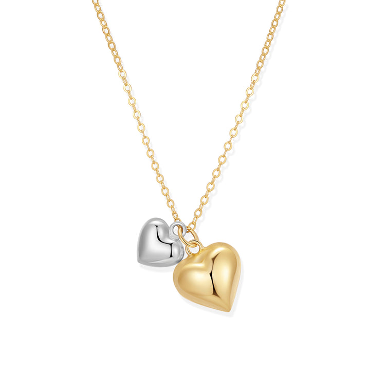 Sterling Silver Two Tone Puffy Duo Heart Necklace