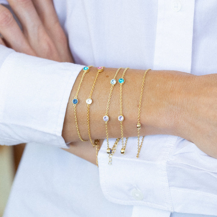 Three Stone Floating Bezel Set Gold Birthstone Bracelet