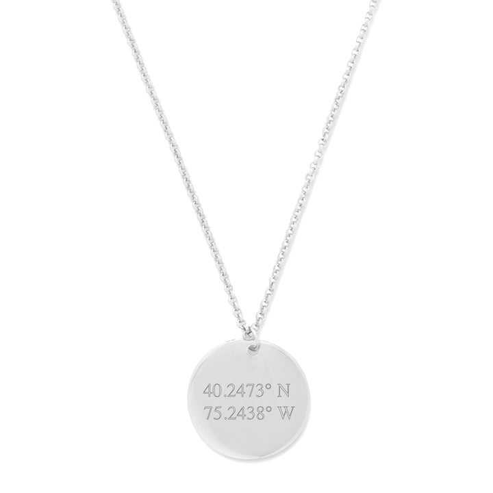 Custom Coordinate Silver Round Tag Pendant - 2 line coordinate