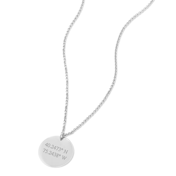 Custom Coordinate Silver Round Tag Pendant - 2 line coordinate