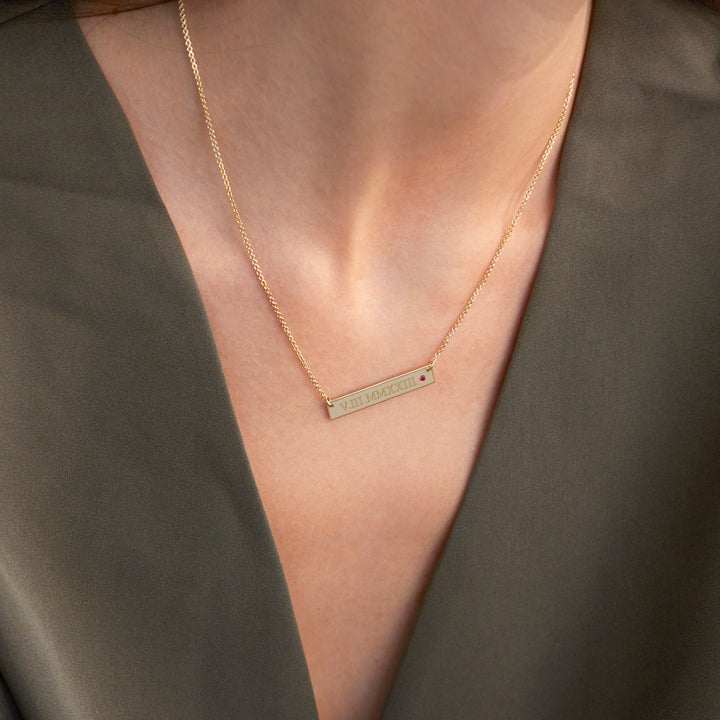 Roman Numeral Gold Birthstone Bar Necklace