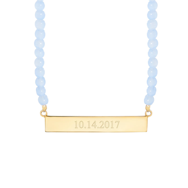 Engravable Blue Lace Agate Gold Date Bar Necklace