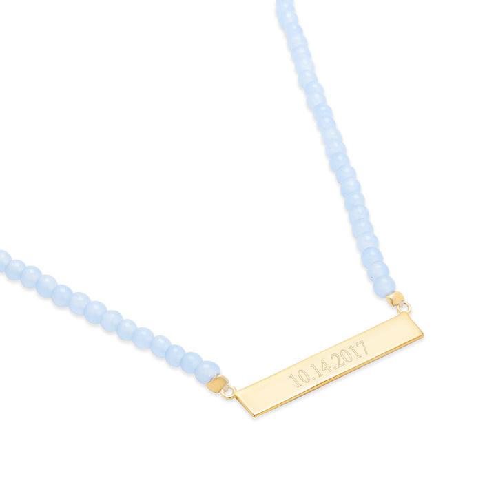 Engravable Blue Lace Agate Gold Date Bar Necklace