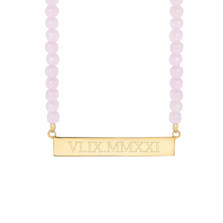 Engravable Rose Quartz Gold Roman Numeral Bar Necklace