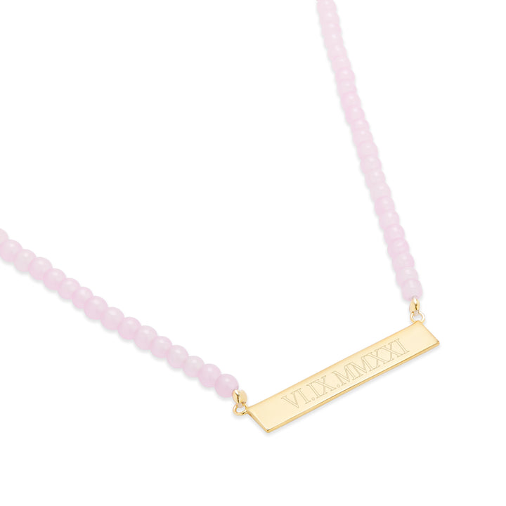 Engravable Rose Quartz Gold Roman Numeral Bar Necklace