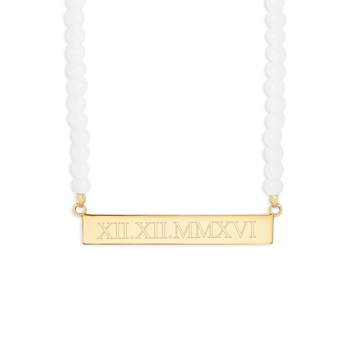 Engravable White Agate Gold Roman Numeral Bar Necklace