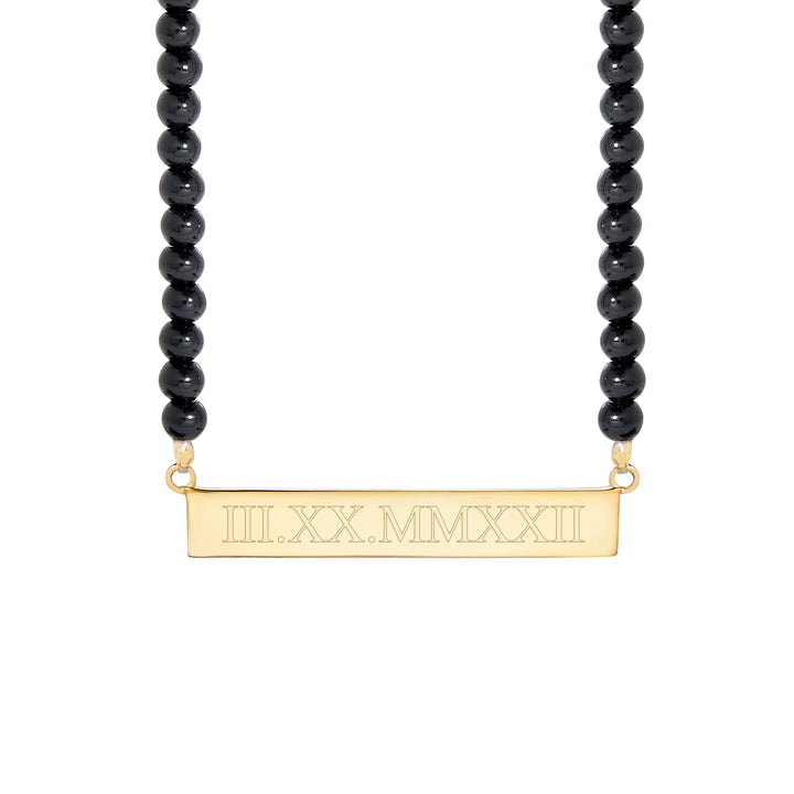 Engravable Black Onyx Gold Roman Numeral Bar Necklace