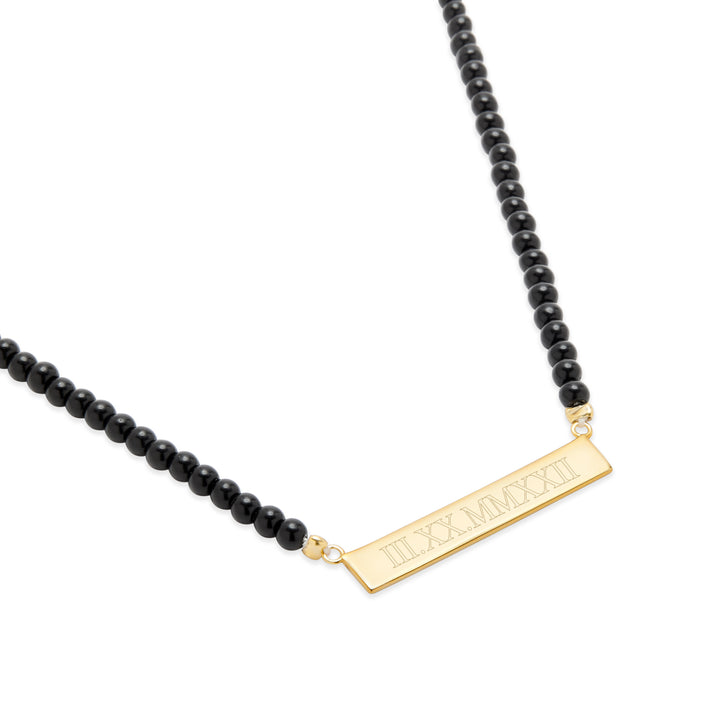 Engravable Black Onyx Gold Roman Numeral Bar Necklace