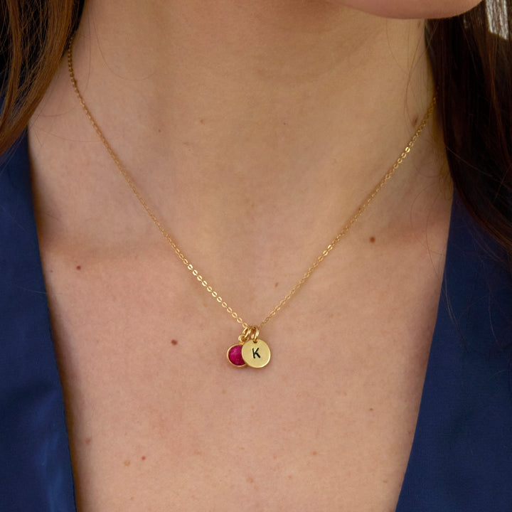 Hand Stamped Gold Mini Initial Custom Birthstone Necklace