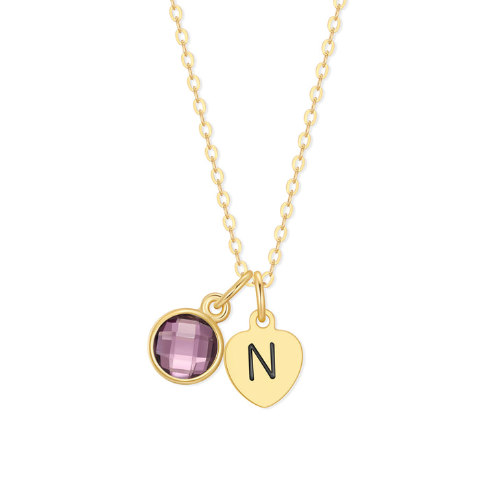 Hand Stamped Gold Heart Mini Initial Birthstone Necklace