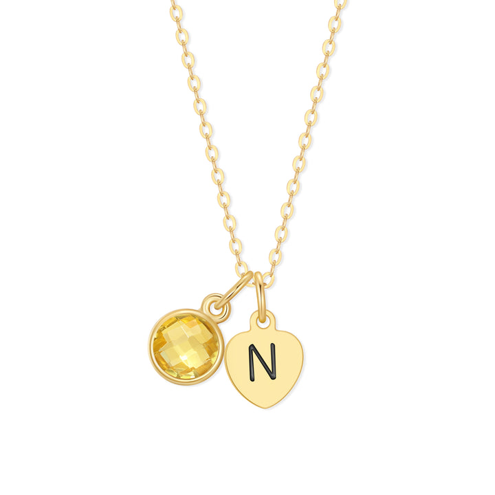 Hand Stamped Gold Heart Mini Initial Birthstone Necklace