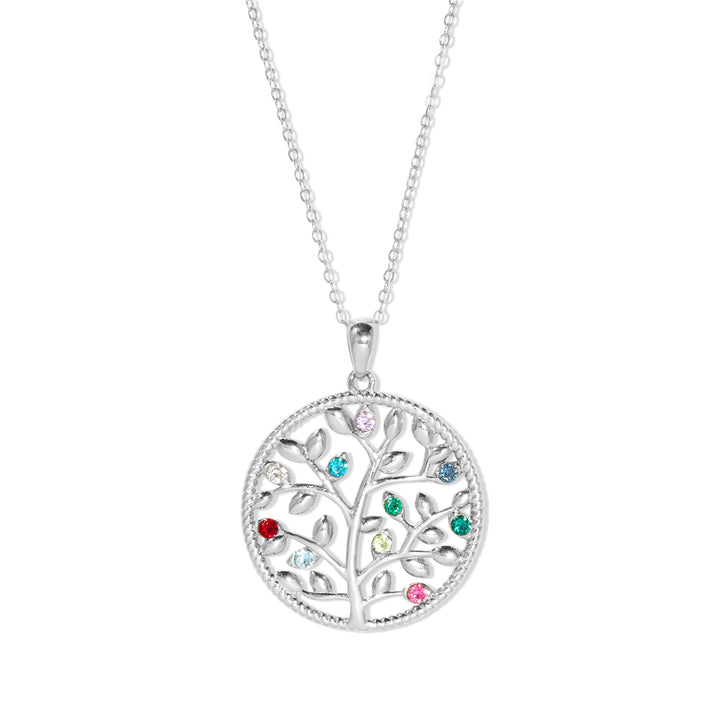 10 Stone Custom Birthstone Silver Family Tree Necklace