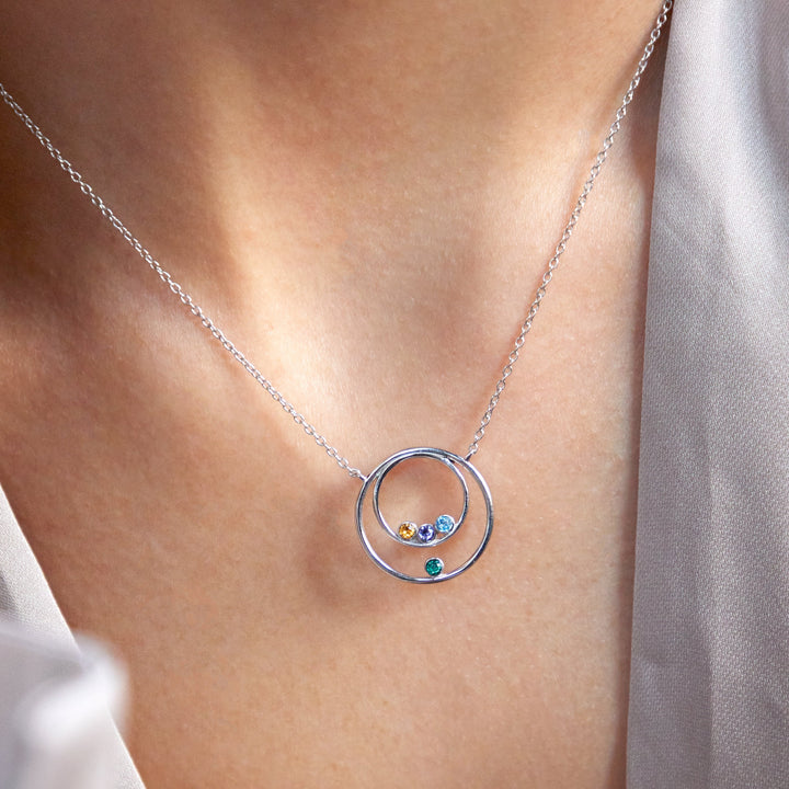 Mother and Child Four Birthstone Silver Circle Necklace